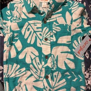 Teal and White Tropical Button Down Shirt